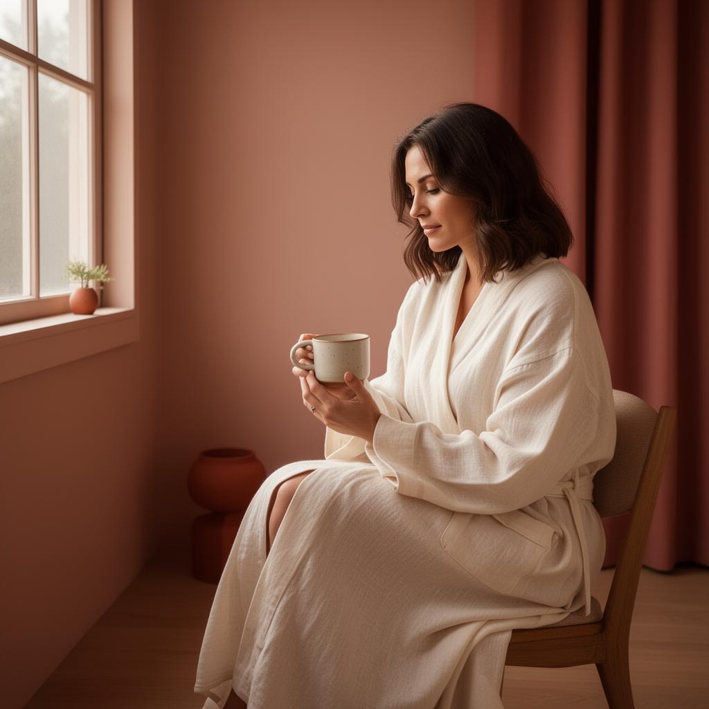 A woman in cream linen sipping from a ceramic mug by a warm sunlit window