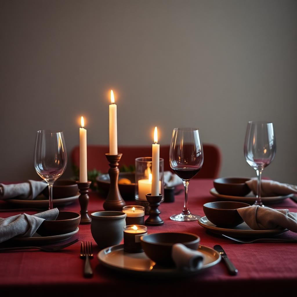 A candlelit dinner table with handmade ceramics